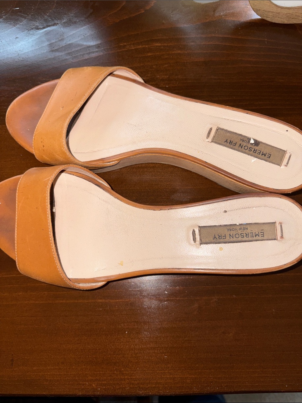 Emerson Fry Cognac Leather /Wooden Slide Mules